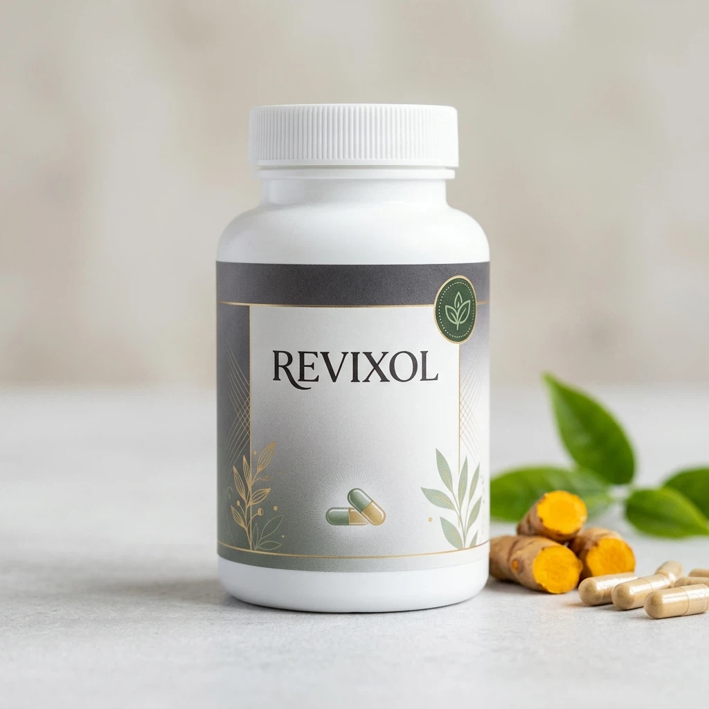 Revixol kosttillskott - mörk bärnstensbrun burk med orange etikett